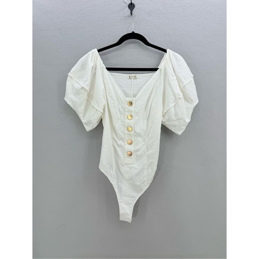 Intimately Free People Womens White Not So Basic Puff Sleeves Bodysuit‎ Small